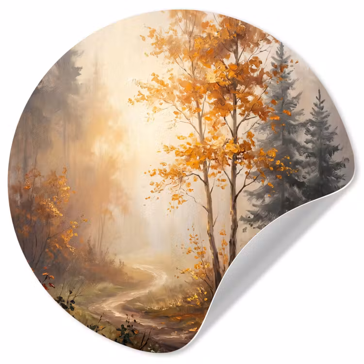 Behangcirkel - Bospad - Herfstbladeren - Natuur - Schilderachtig - Oranje — 1