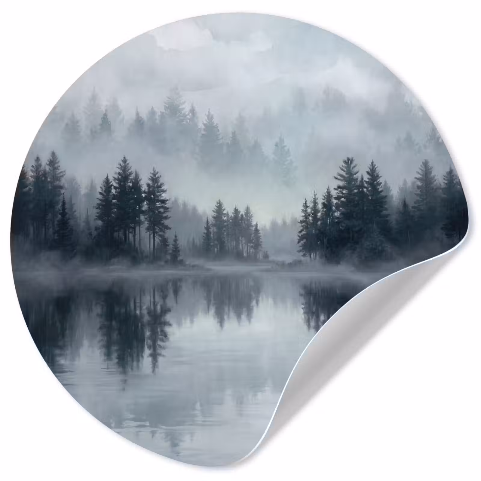 Behangcirkel - Bos - Meer - Mist - Natuur - Grijs — 1