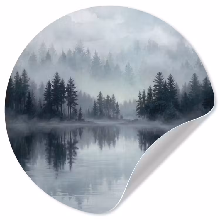 Behangcirkel - Bos - Meer - Mist - Natuur - Grijs — 1