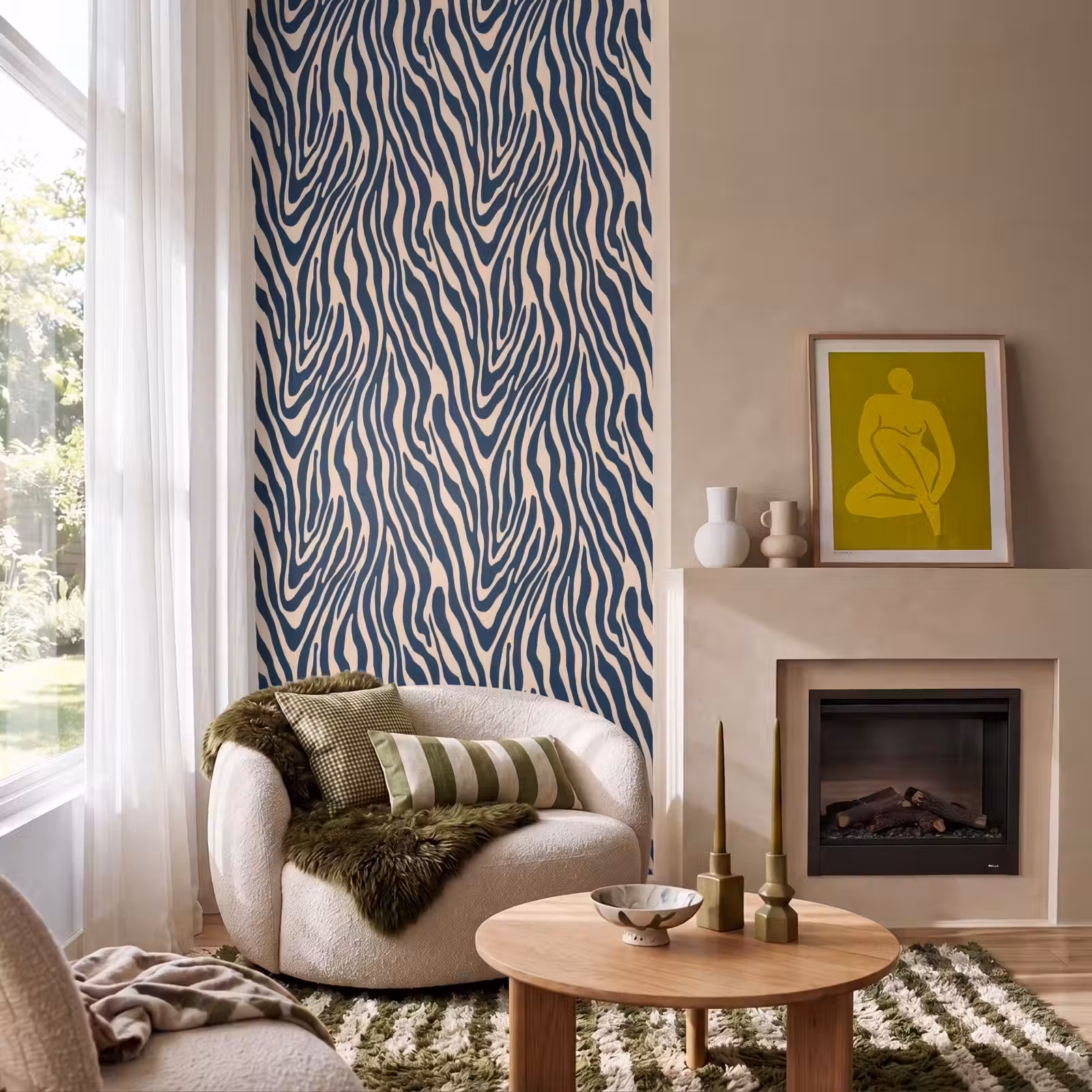 Behang - Zebra - Patroon - Blauw - Beige — 1