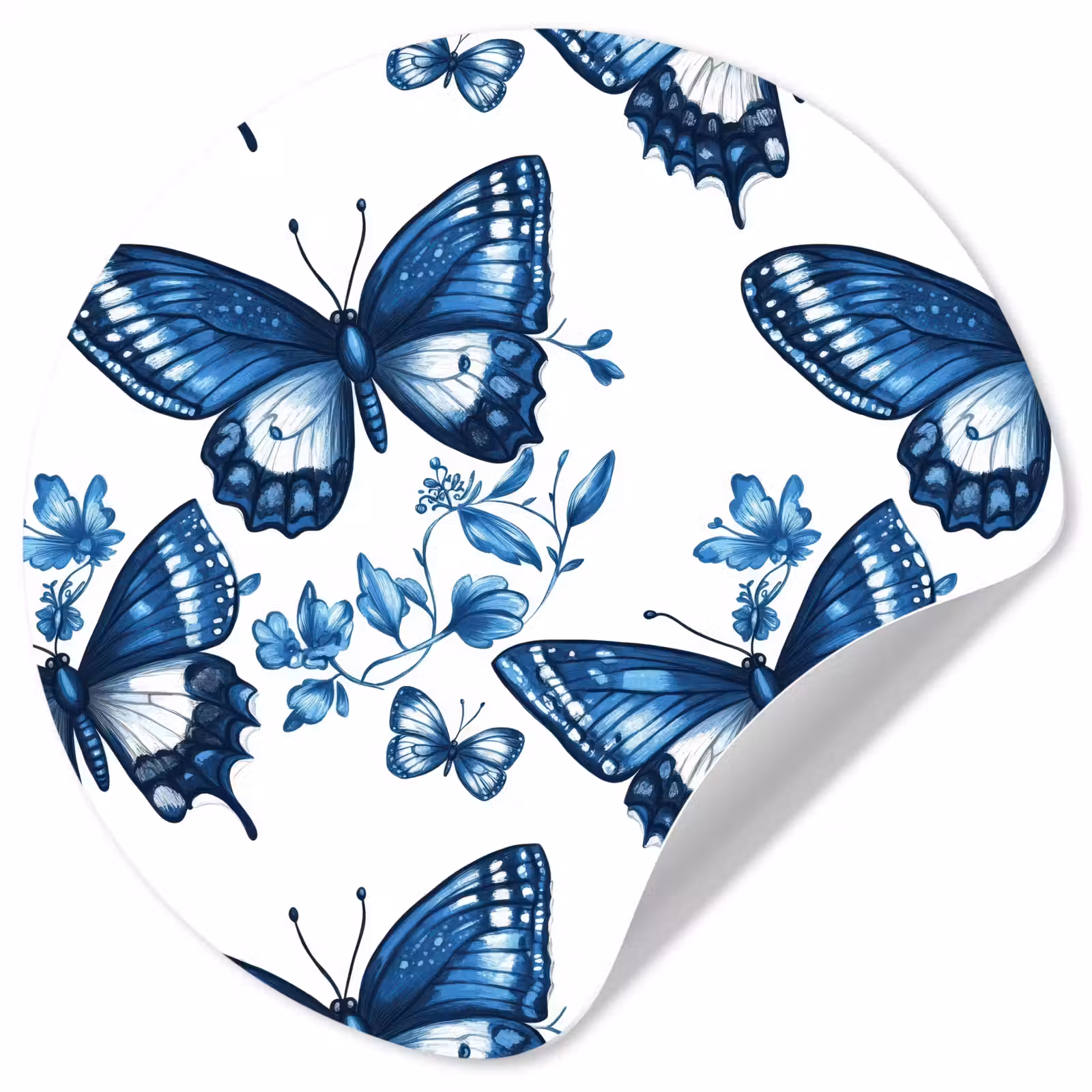 Behangcirkel - Blauw - Vlinders - Bloemen - Wit — 1