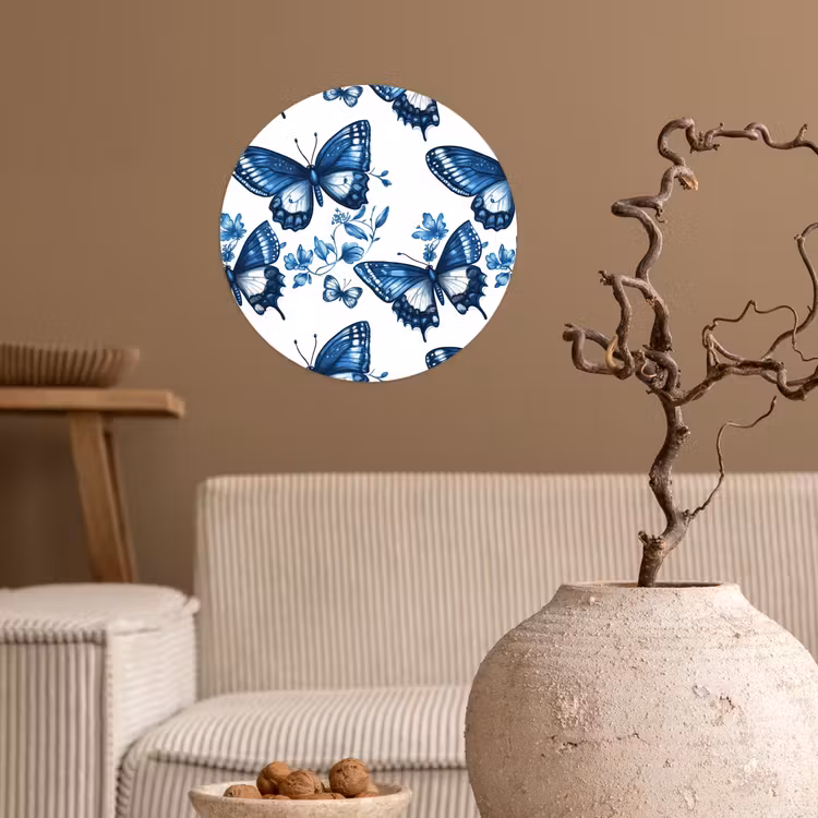Behangcirkel - Blauw - Vlinders - Bloemen - Wit — 2