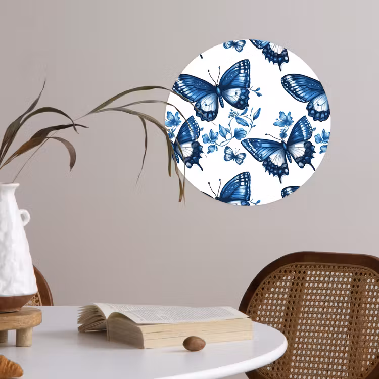 Behangcirkel - Blauw - Vlinders - Bloemen - Wit — 4