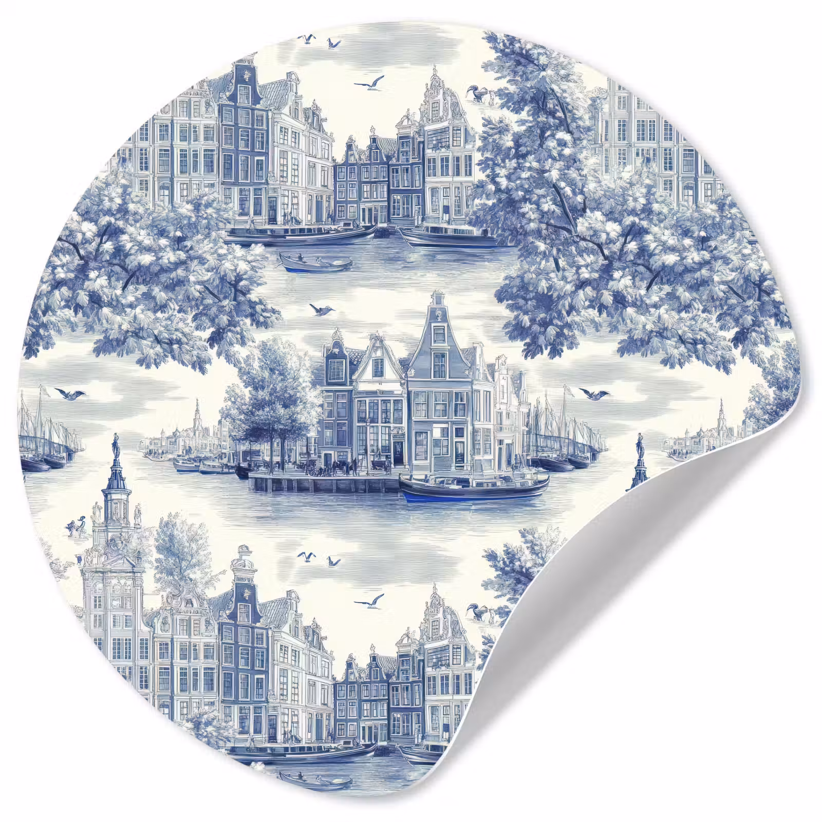Behangcirkel - Huizen - Bomen - Water - Vogels - Blauw — 1