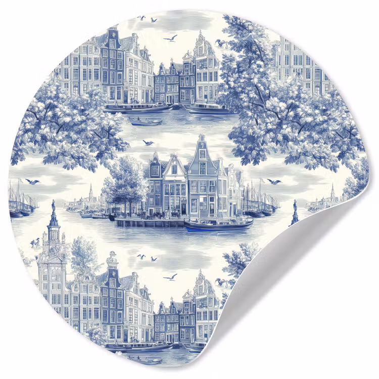 Behangcirkel - Huizen - Bomen - Water - Vogels - Blauw — 1
