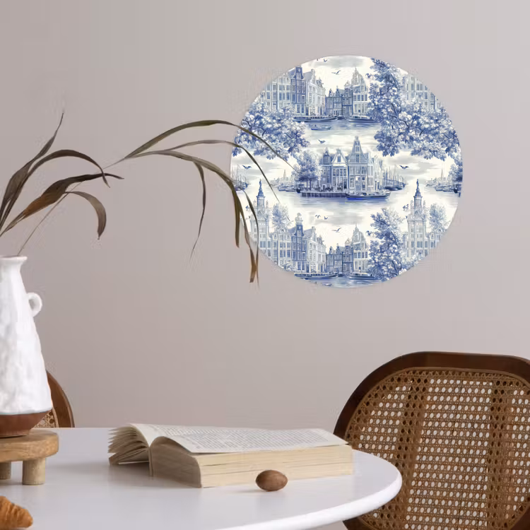 Behangcirkel - Huizen - Bomen - Water - Vogels - Blauw — 4