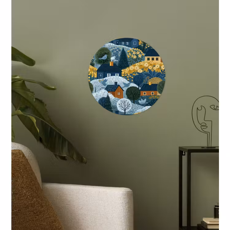 Behangcirkel - Huisjes - Bloemen - Patroon - Geel - Blauw — 3