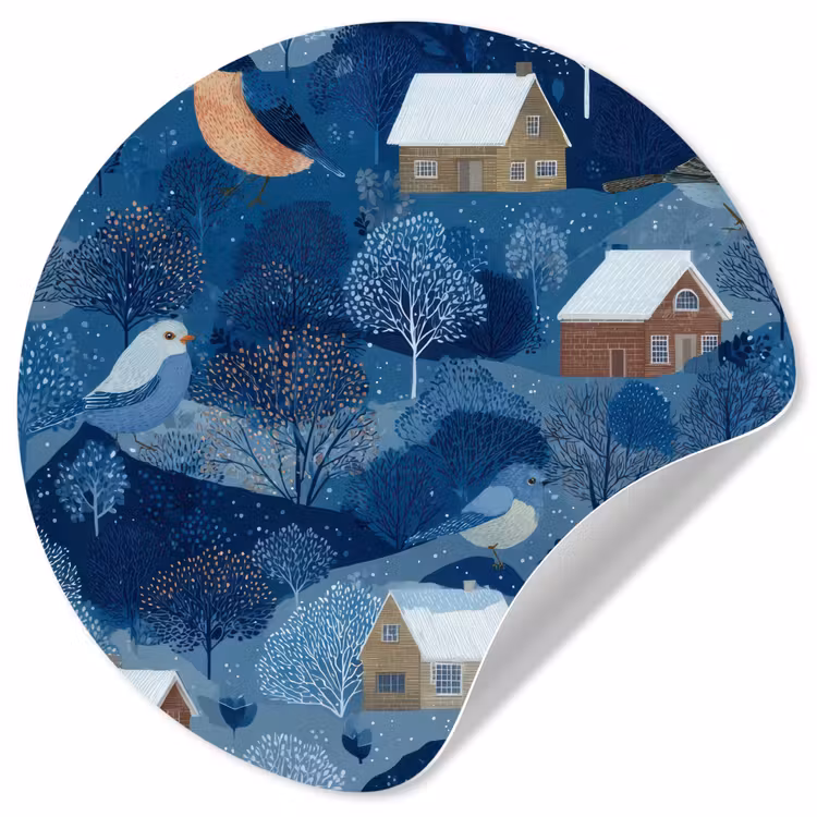 Behangcirkel - Huisjes - Vogels - Sneeuw - Winter - Blauw — 1