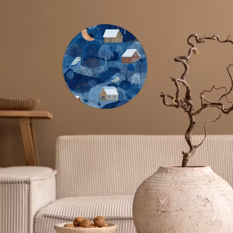 Behangcirkel - Huisjes - Vogels - Sneeuw - Winter - Blauw — 2