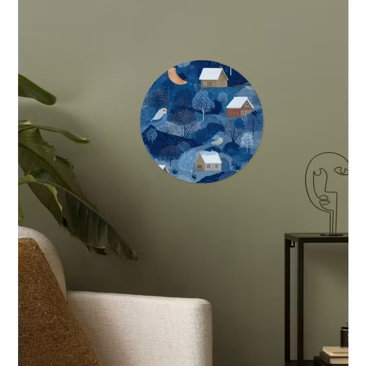 Behangcirkel - Huisjes - Vogels - Sneeuw - Winter - Blauw — 3