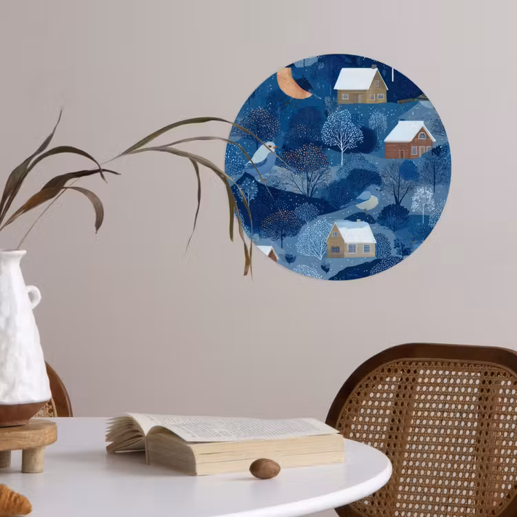 Behangcirkel - Huisjes - Vogels - Sneeuw - Winter - Blauw — 4