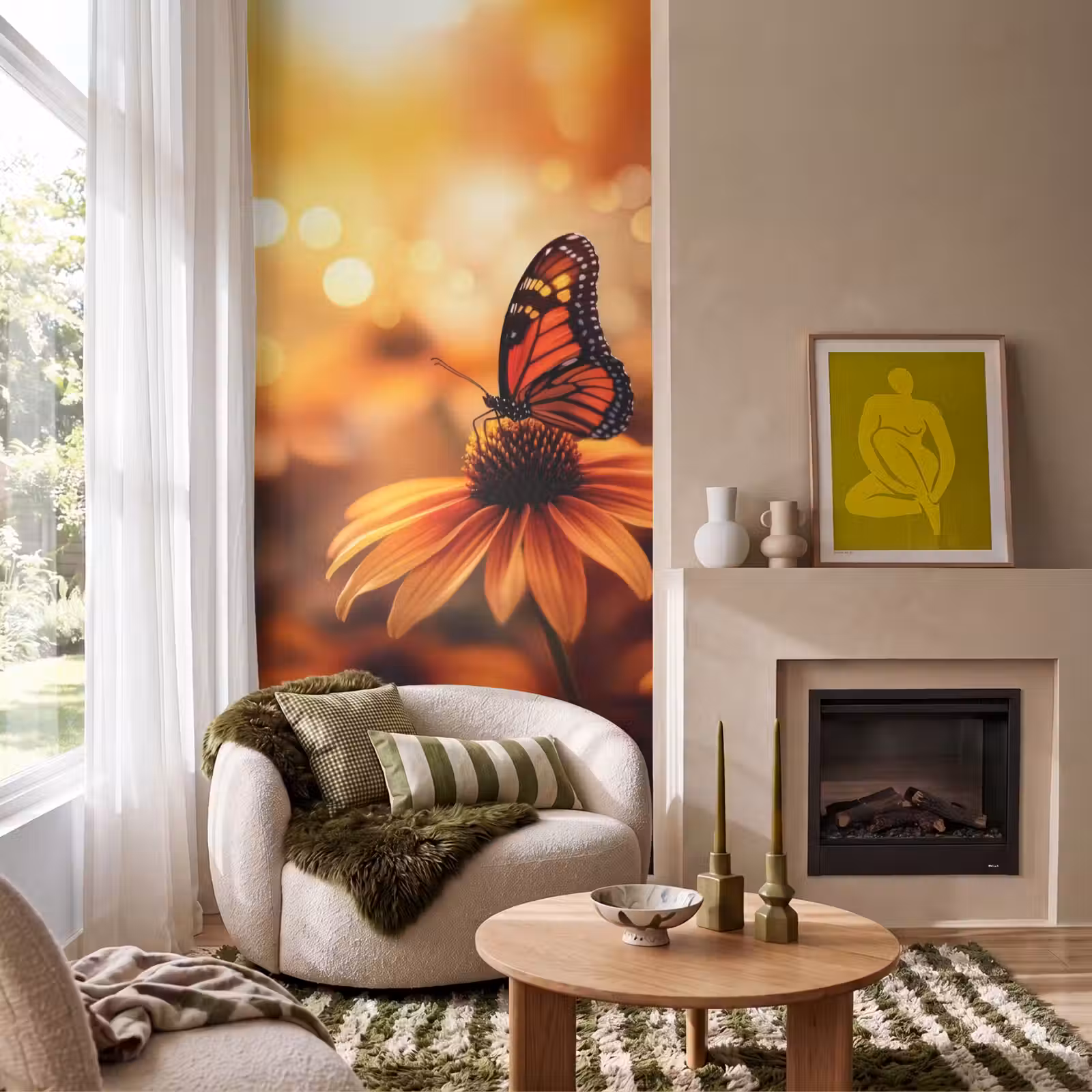 Behang - Vlinder - Bloemen - Oranje — 1