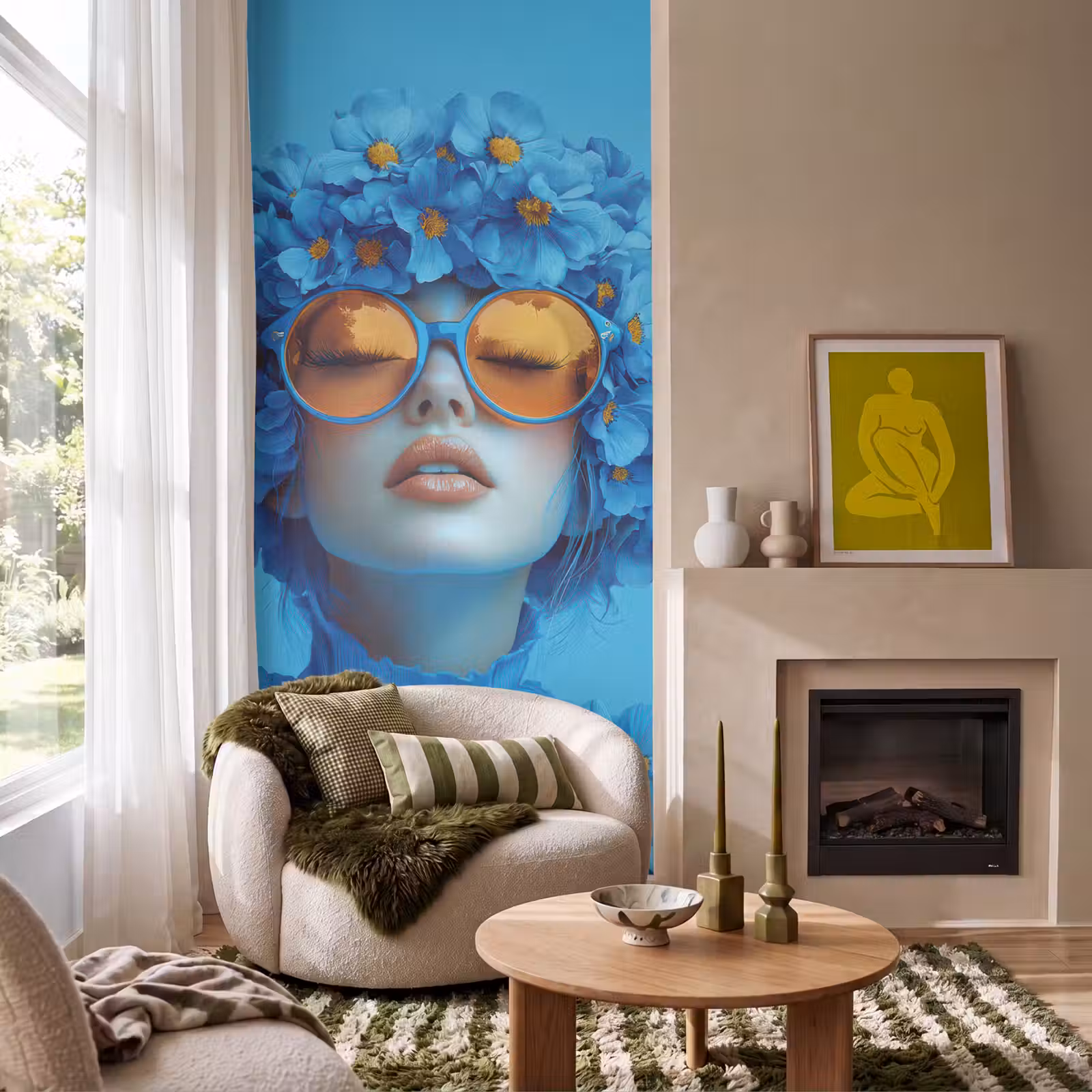 Behang - Vrouw - Bloem - Blauw - Modern - Bril - Portret — 1