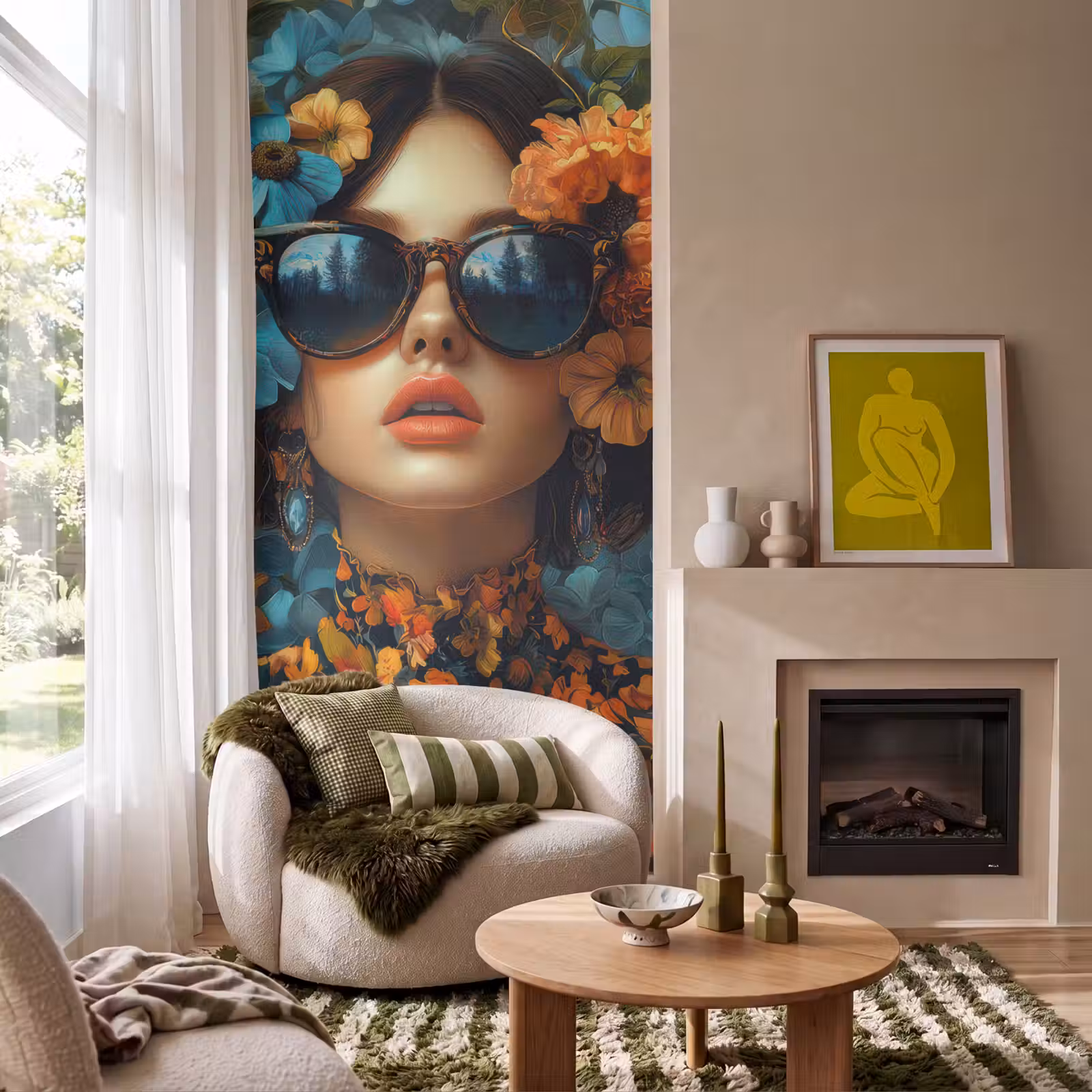 Behang - Vrouw - Bloemen - Oranje - Blauw - Modern — 1