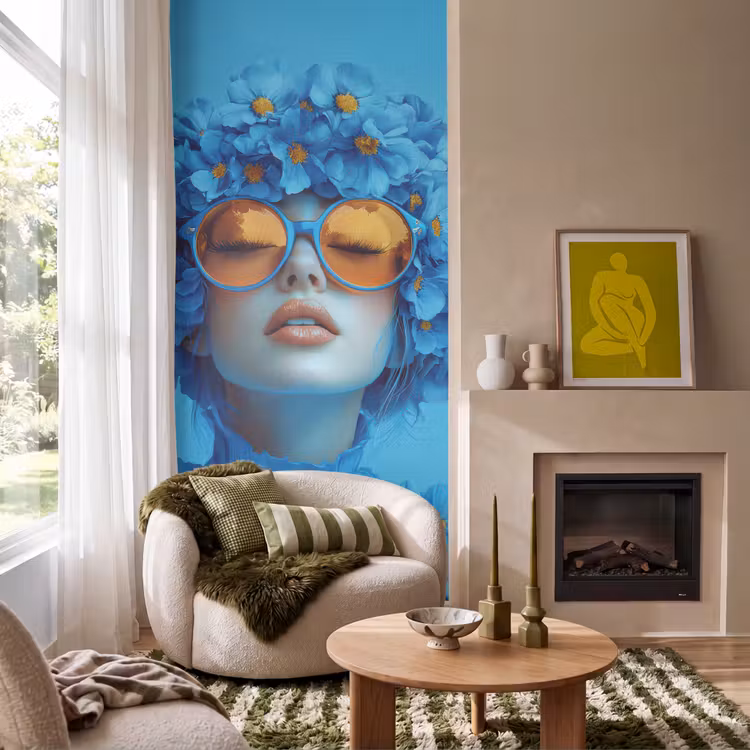 Behang - Vrouw - Bloem - Blauw - Modern - Bril - Portret — 1