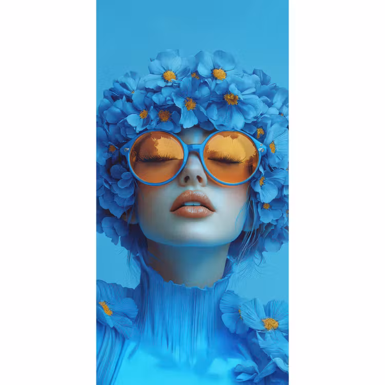 Behang - Vrouw - Bloem - Blauw - Modern - Bril - Portret — 2