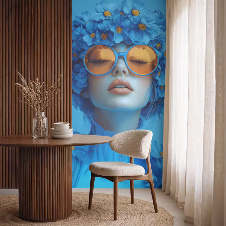 Behang - Vrouw - Bloem - Blauw - Modern - Bril - Portret — 4