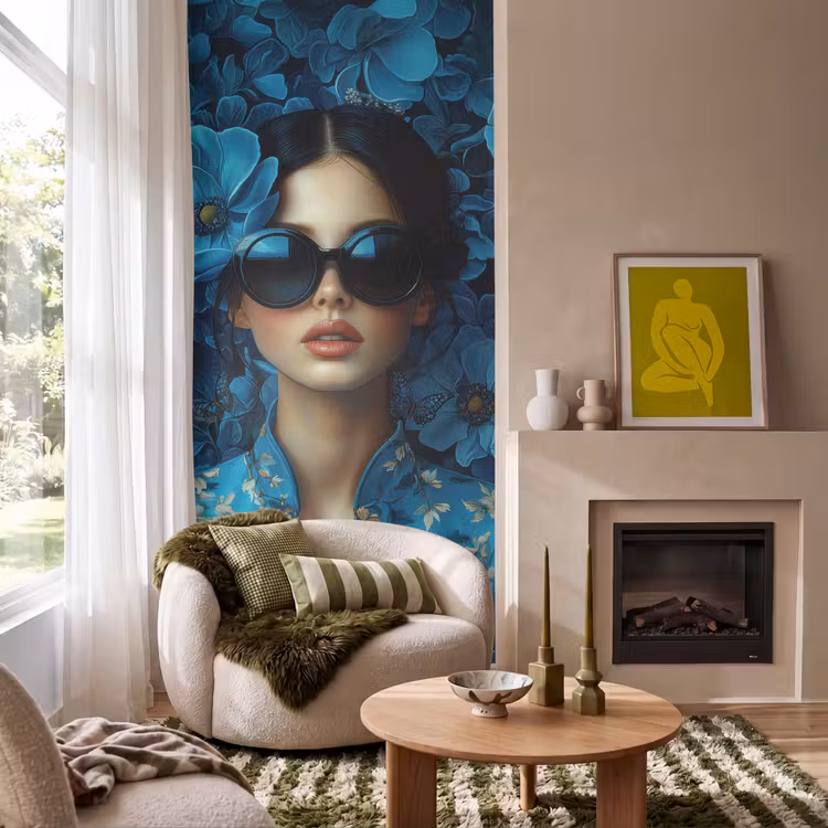 Behang - Vrouw - Bloemen - Blauw - Aesthetic - Luxe — 1