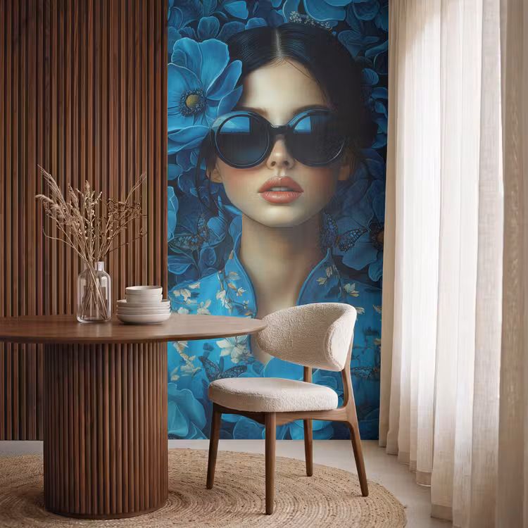 Behang - Vrouw - Bloemen - Blauw - Aesthetic - Luxe — 4