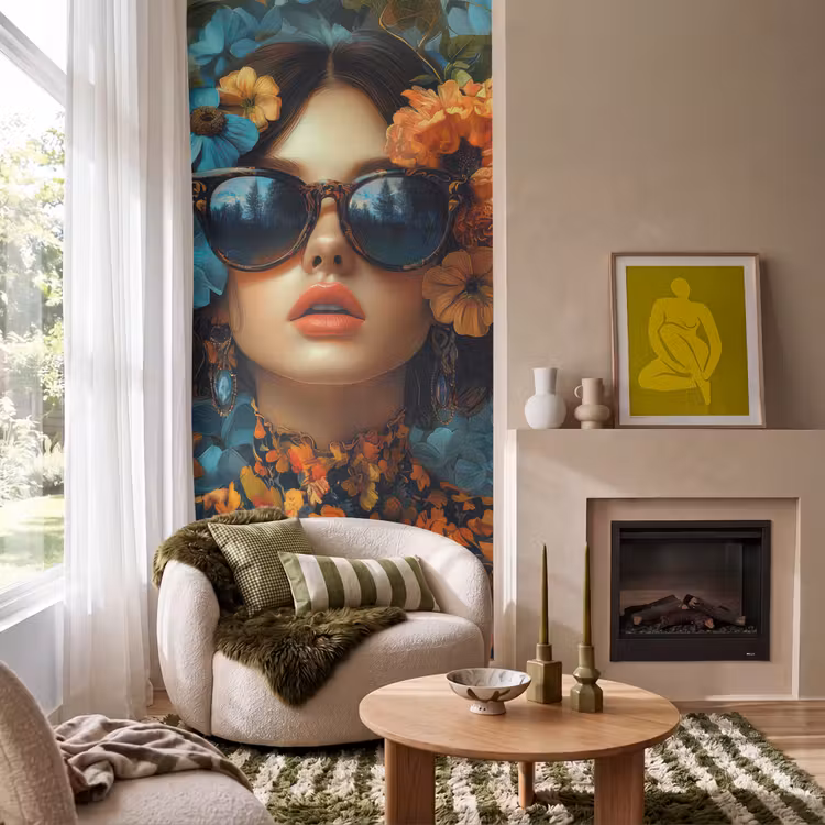 Behang - Vrouw - Bloemen - Oranje - Blauw - Modern — 1