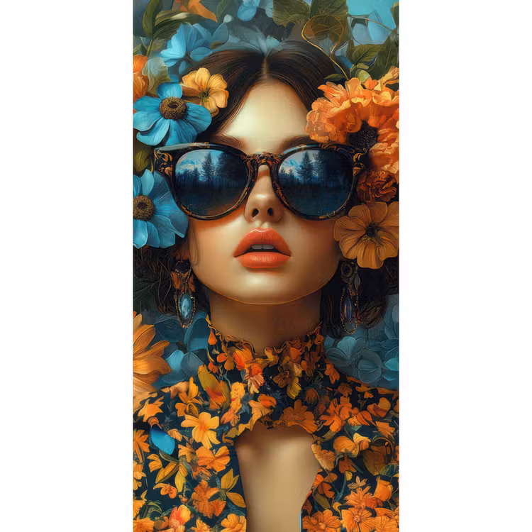 Behang - Vrouw - Bloemen - Oranje - Blauw - Modern — 2