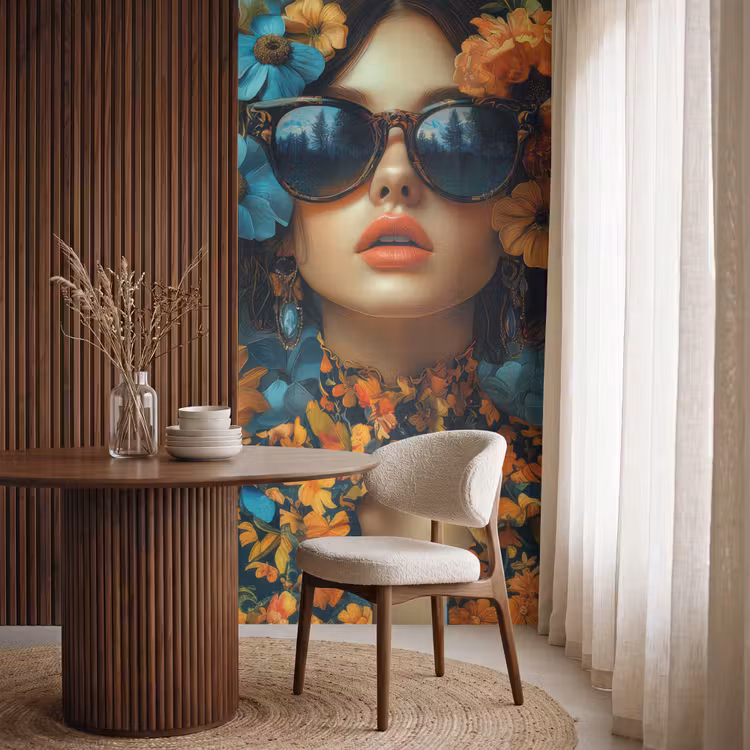 Behang - Vrouw - Bloemen - Oranje - Blauw - Modern — 4