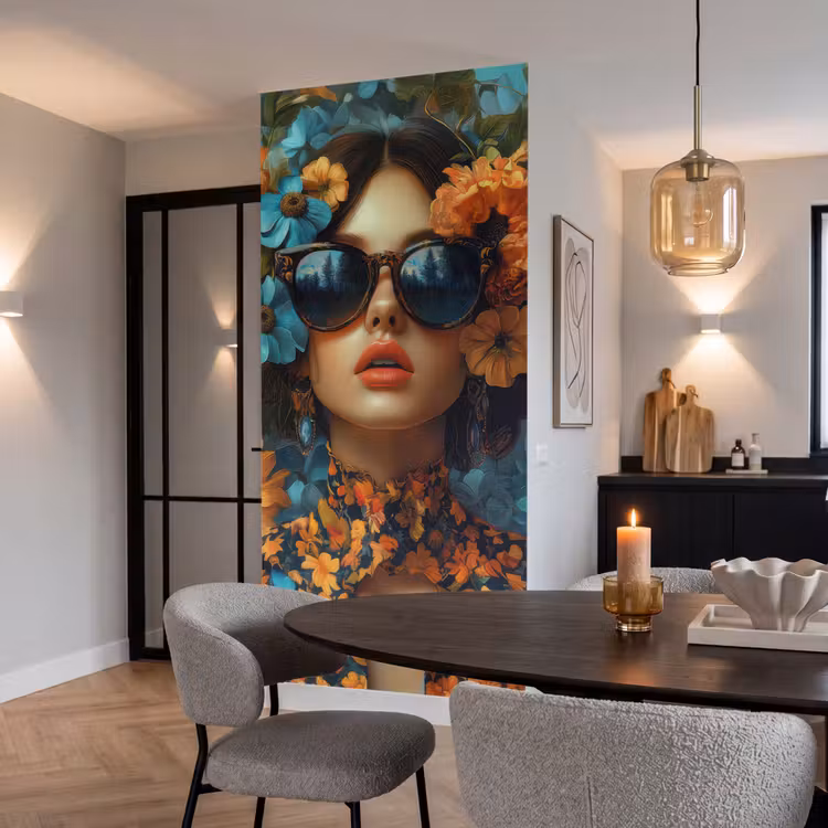 Behang - Vrouw - Bloemen - Oranje - Blauw - Modern — 5