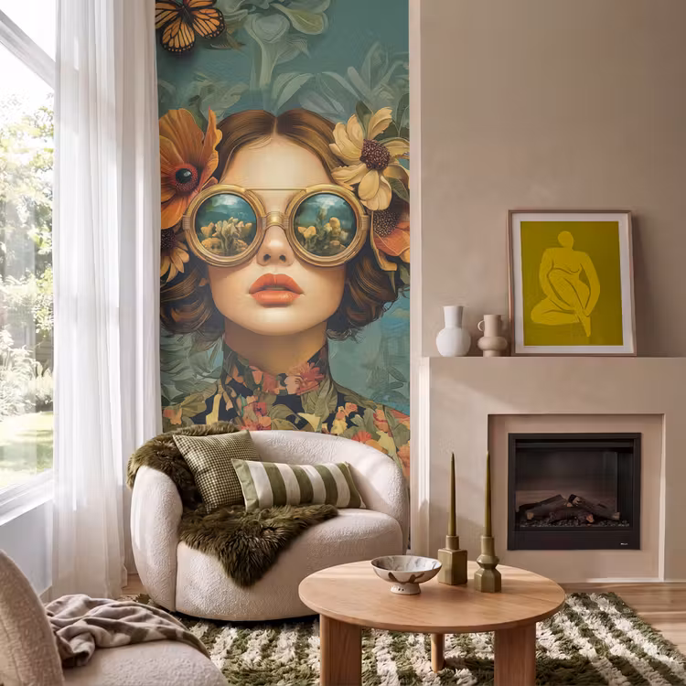 Behang - Vrouw - Bloemen - Vlinders - Natuur - Vintage — 1