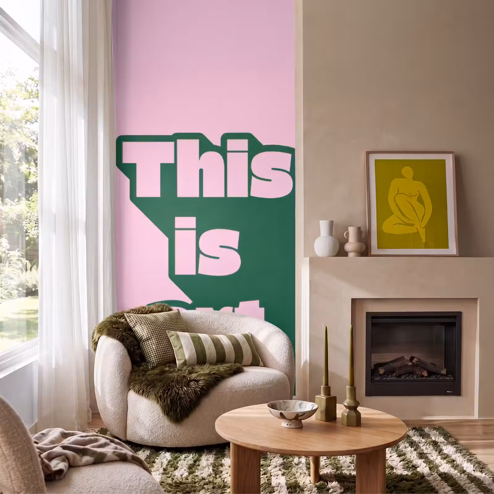 Behang - Groen - Tekst - This is art - Roze — 1