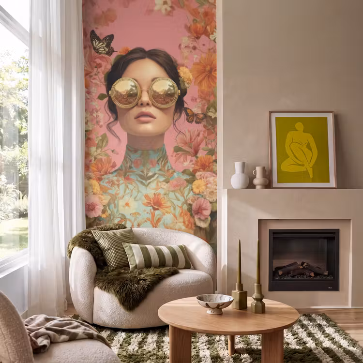 Behang - Vrouw - Bril - Roze - Bloemen — 1
