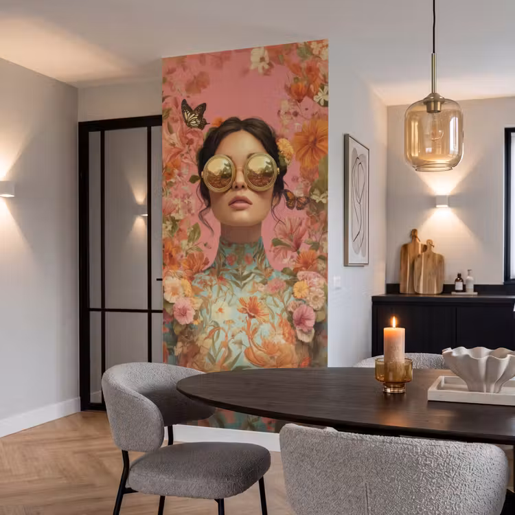 Behang - Vrouw - Bril - Roze - Bloemen — 5
