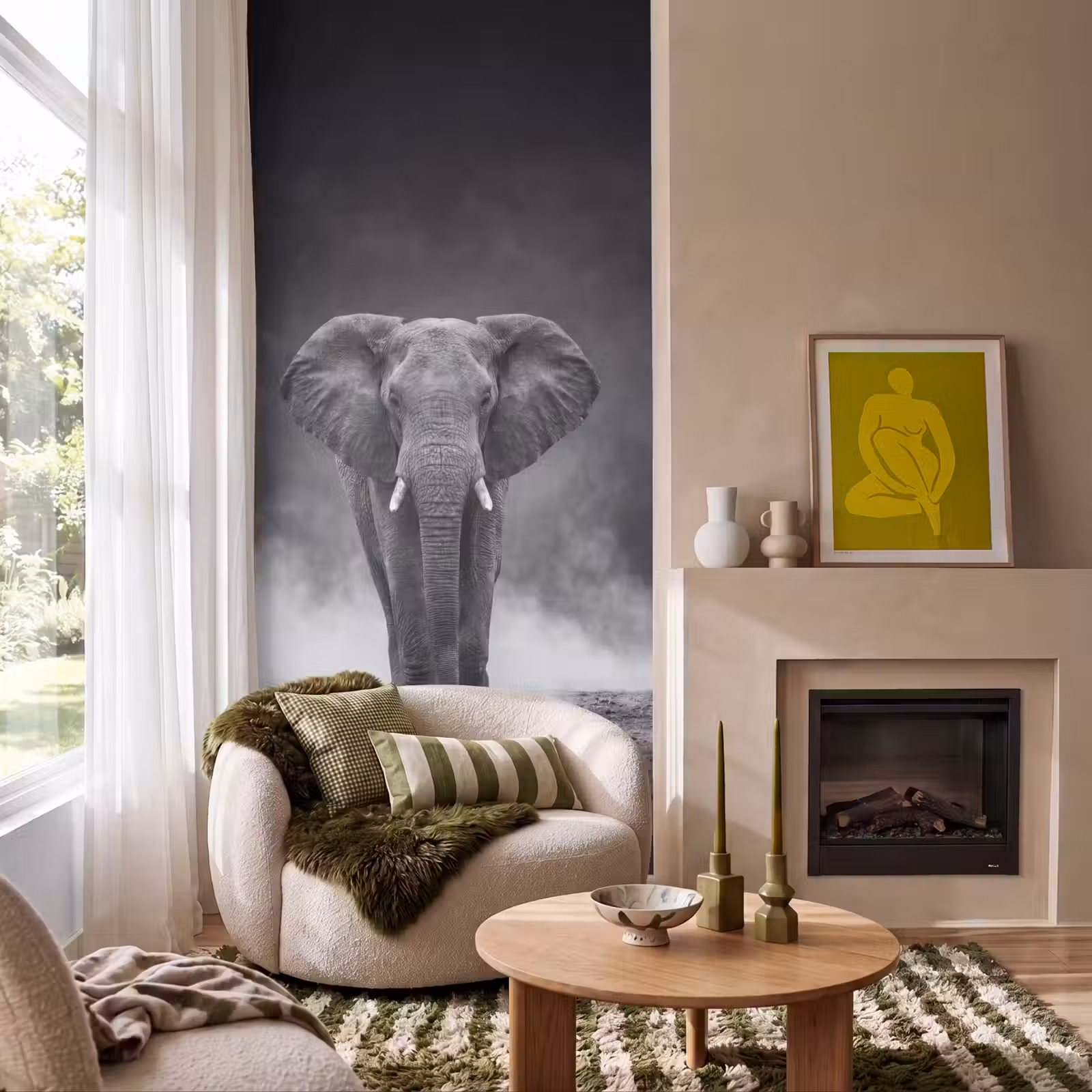 Behang - Olifant - Zwart - Wit - Rook — 1