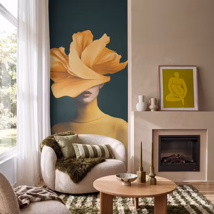 Behang - Vrouw - Hoed - Geel — 1