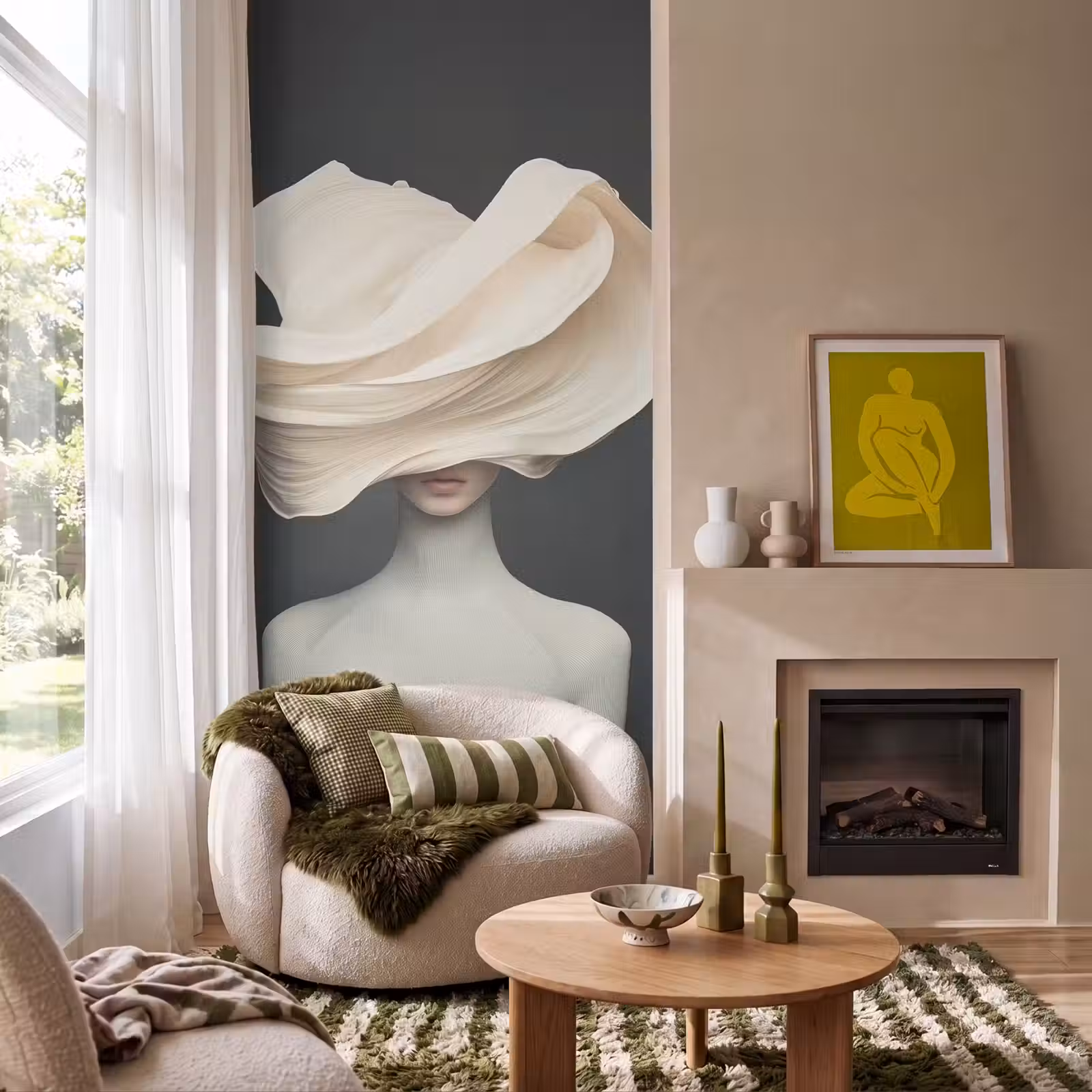 Behang - Vrouw - Beige - hoed — 1