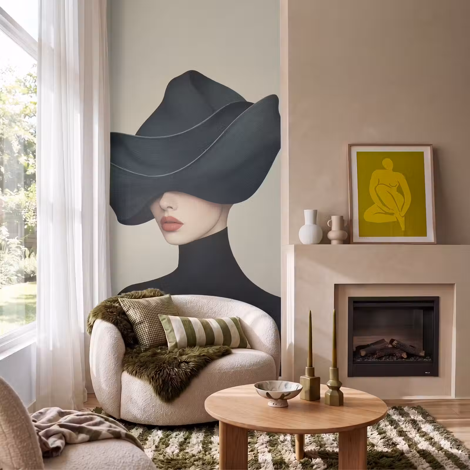 Behang - Vrouw - Groen - Hoed — 1