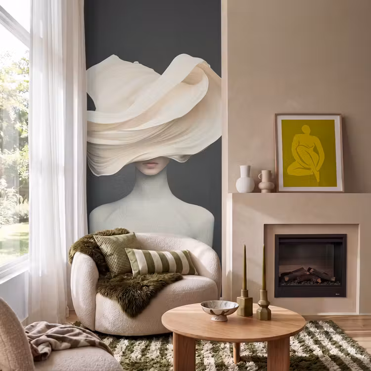 Behang - Vrouw - Beige - hoed — 1