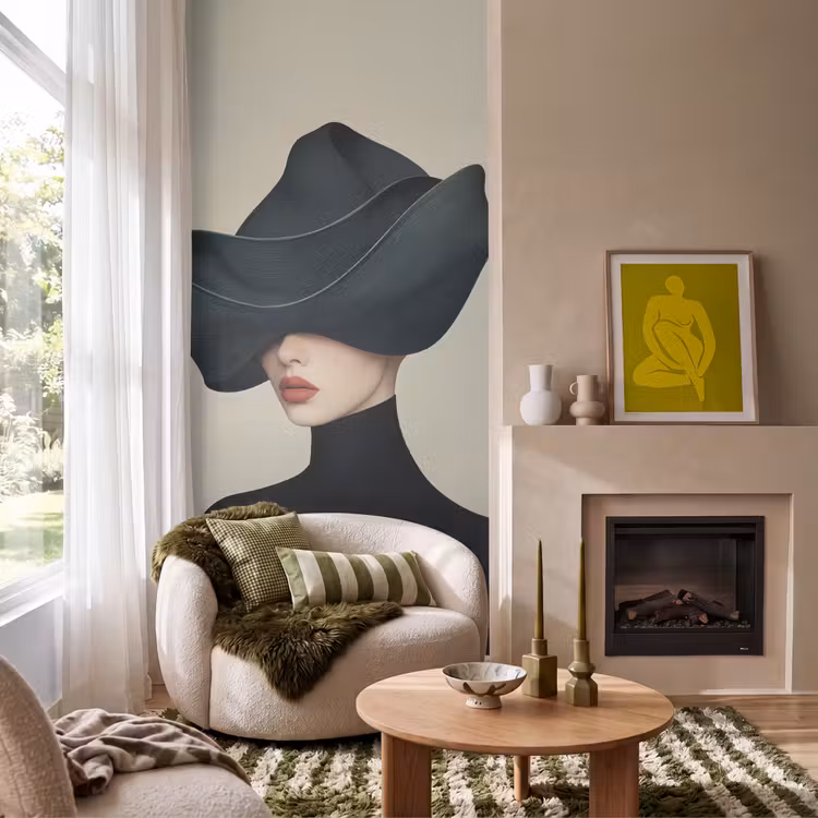 Behang - Vrouw - Groen - Hoed — 1