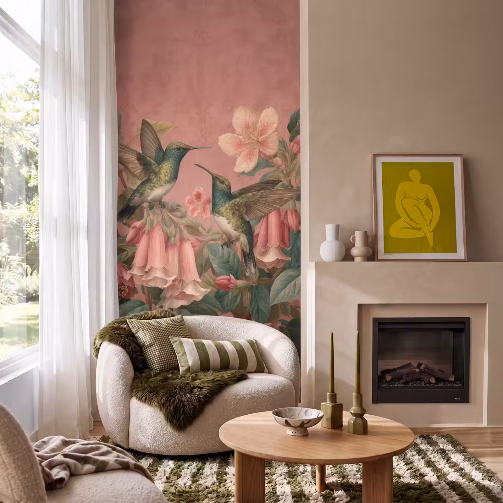 Behang - Kolibries - Bloemen - Groen - Roze — 1