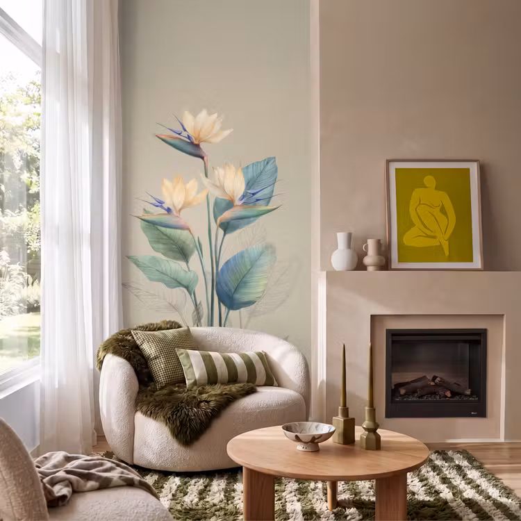 Behang - Paradijsvogelbloemen - Blauwgroene bladeren - Beige — 1
