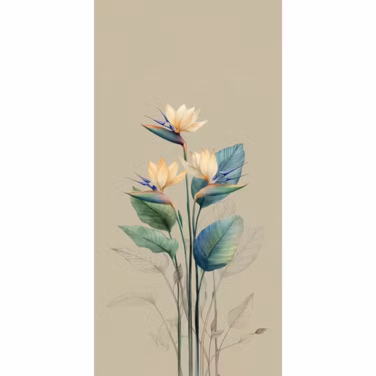 Behang - Paradijsvogelbloemen - Blauwgroene bladeren - Beige — 2
