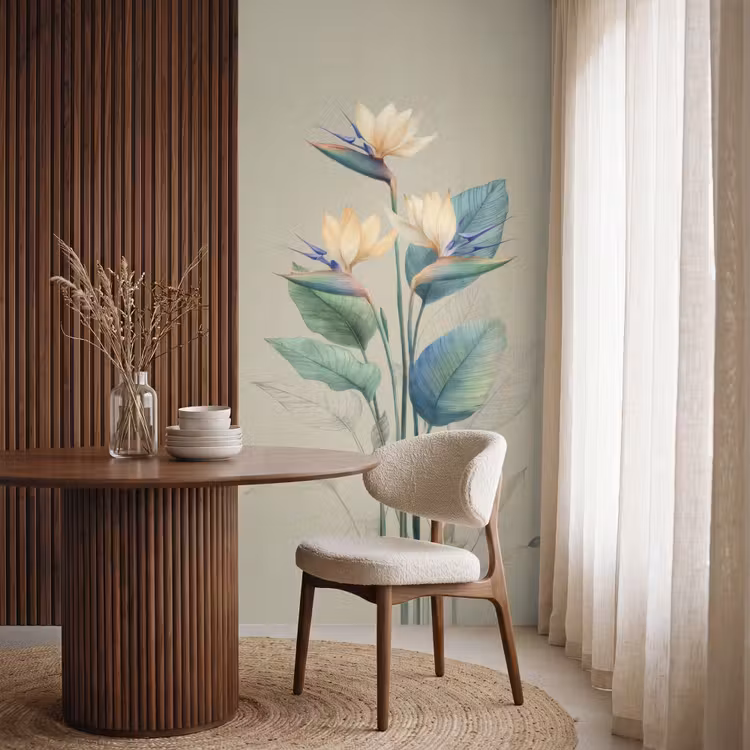 Behang - Paradijsvogelbloemen - Blauwgroene bladeren - Beige — 4