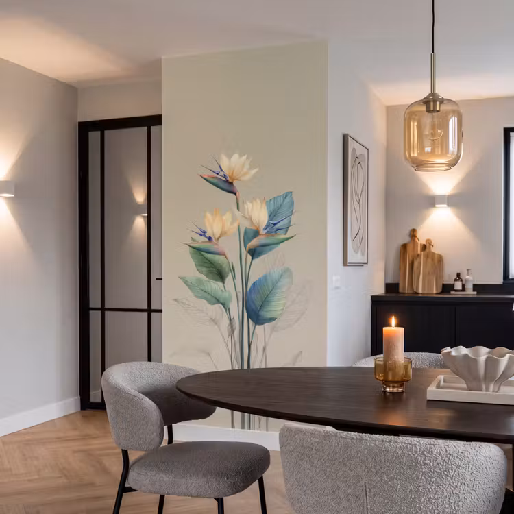 Behang - Paradijsvogelbloemen - Blauwgroene bladeren - Beige — 5