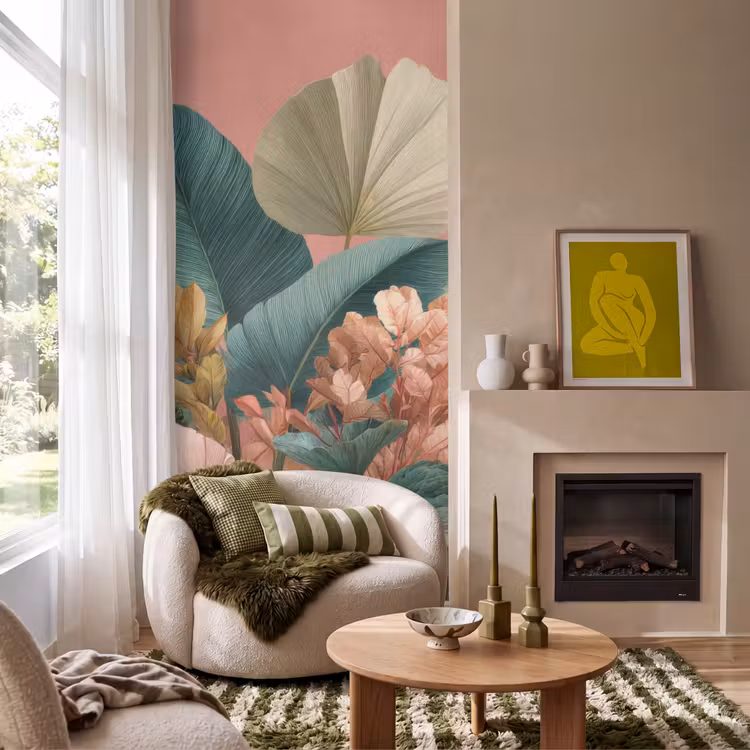 Behang - Tropische bladeren - Bloemen - Roze - groen — 1