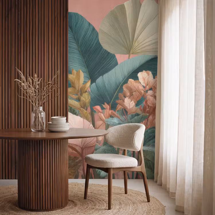 Behang - Tropische bladeren - Bloemen - Roze - groen — 4