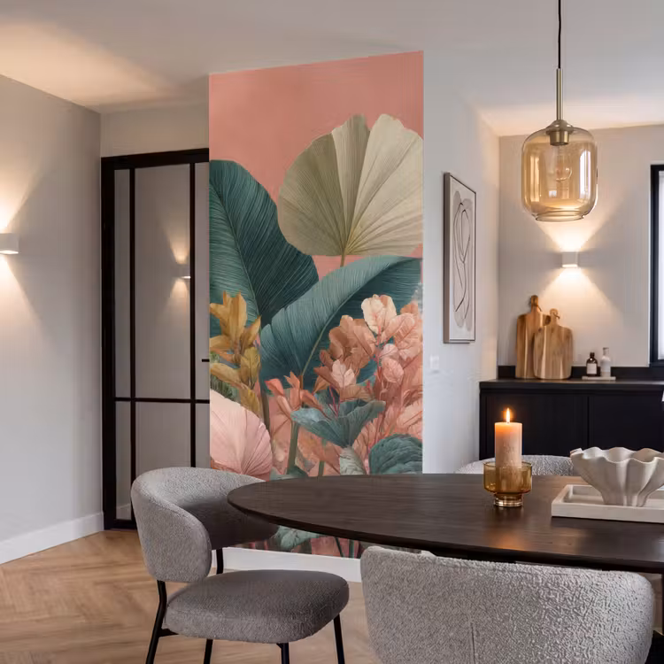 Behang - Tropische bladeren - Bloemen - Roze - groen — 5