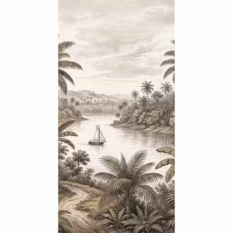 Behang - Landschap - Rivier - Boot - Tropisch - Vintage — 2