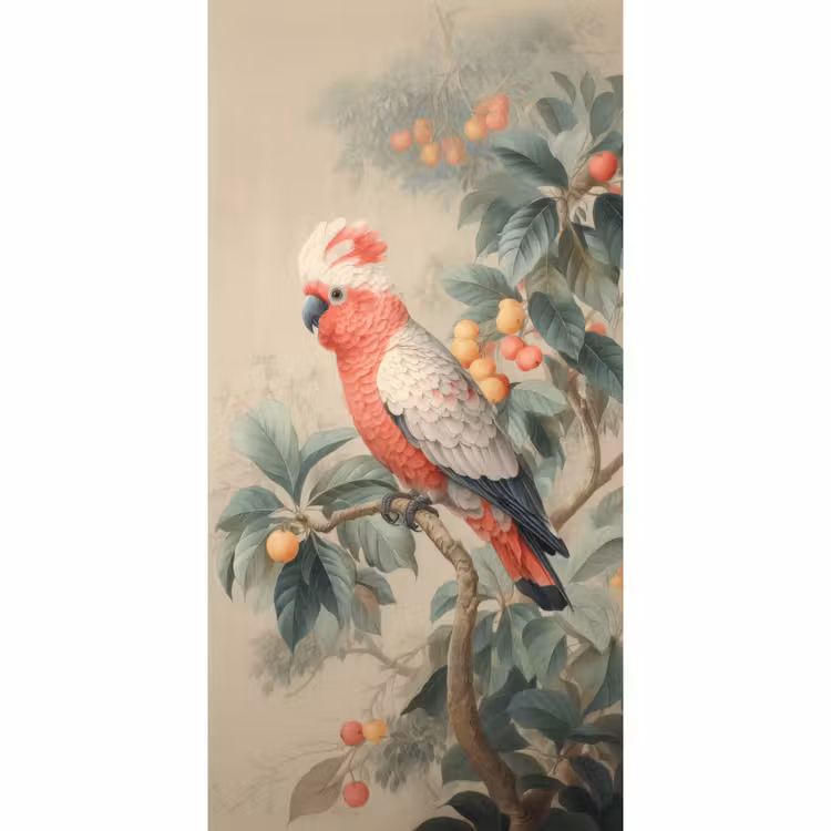 Behang - Roze kuifkaketoe - Tak met vruchten - Bladeren — 2