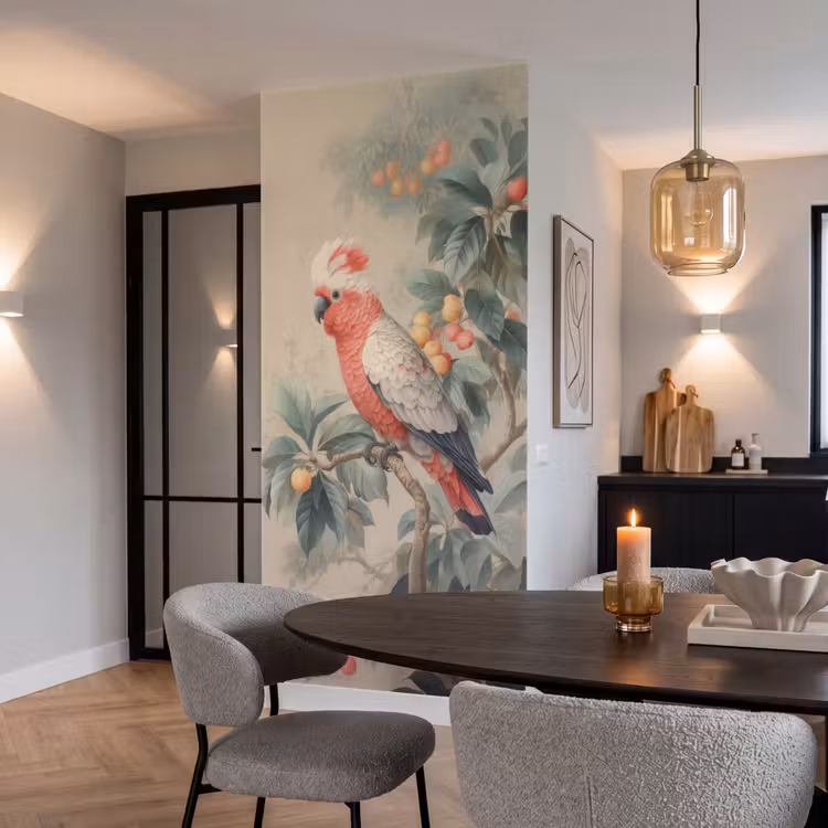 Behang - Roze kuifkaketoe - Tak met vruchten - Bladeren — 5