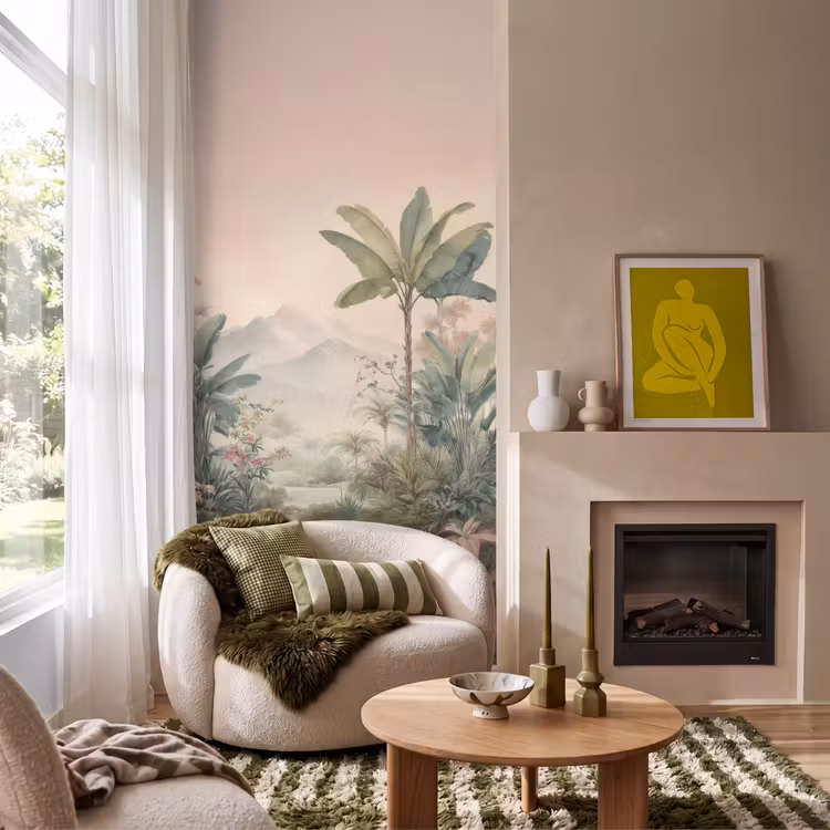 Behang - Tropisch landschap - palmbomen - Bloemen - Roze lucht — 1