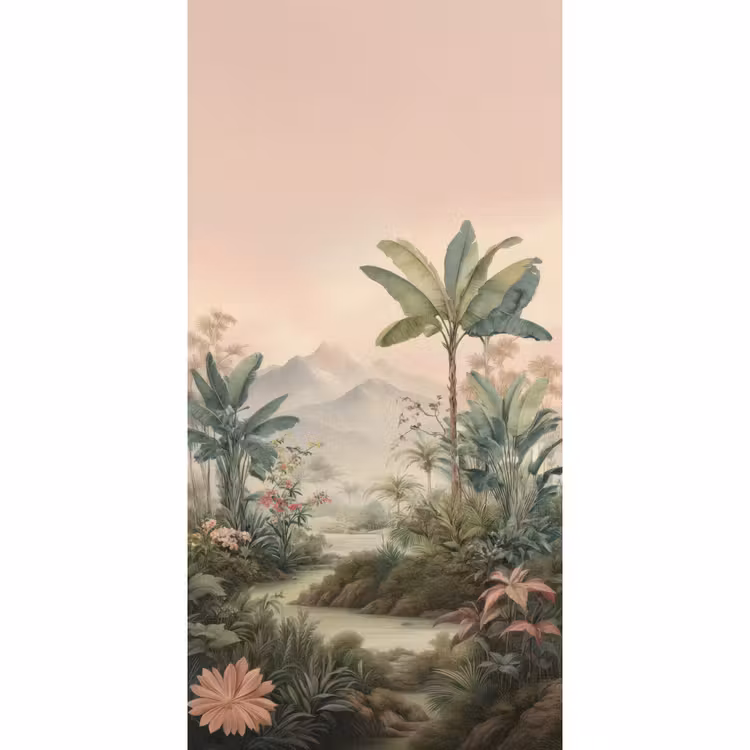 Behang - Tropisch landschap - palmbomen - Bloemen - Roze lucht — 2